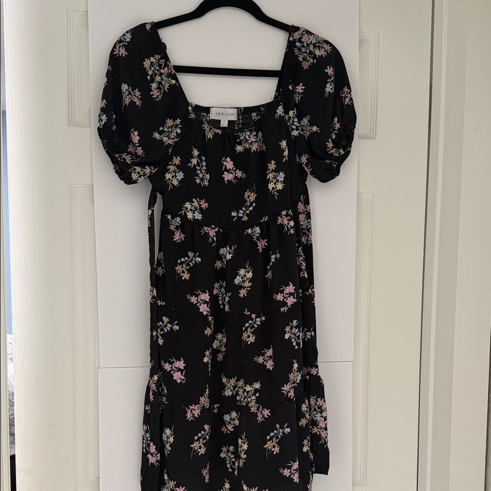 Pink Rose Black Floral Smocked Top